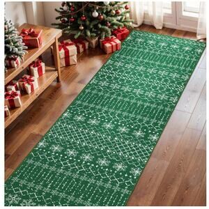 Christmas Runner 2x5, Washable Non-Slip GREEN Snowflakes, Low Pile Faux Wool